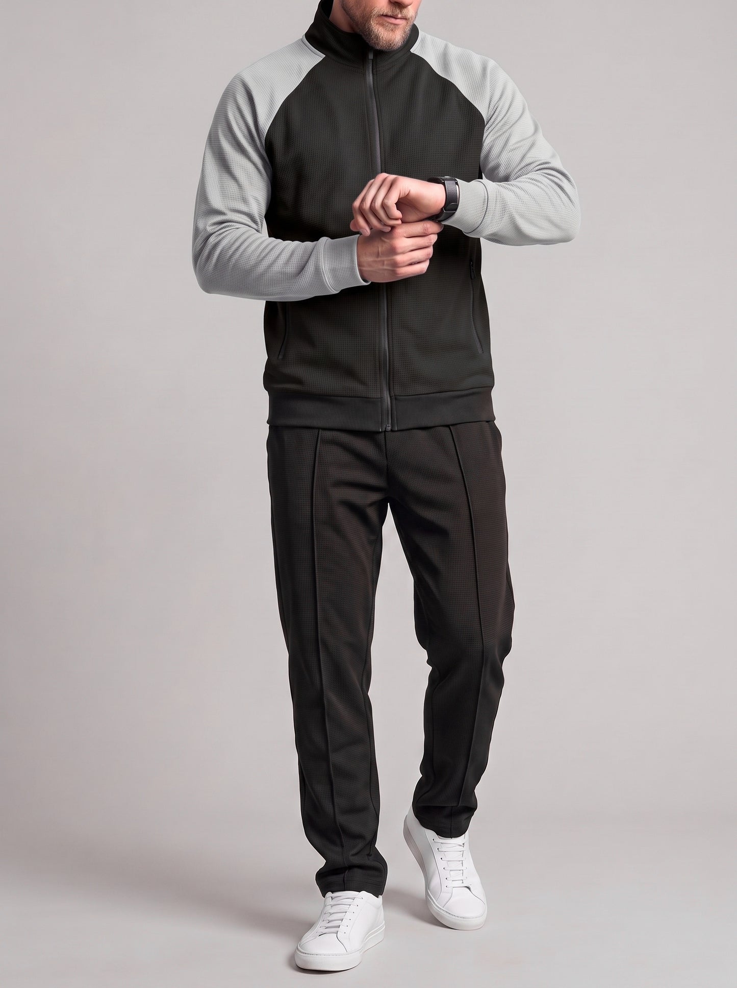 KZZ Men's stand-collar color-block zip-up jacket and straight-leg trousers