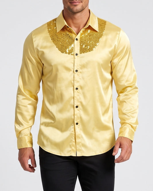 KZZ Men's shiny metallic sequin long-sleeved button shirt