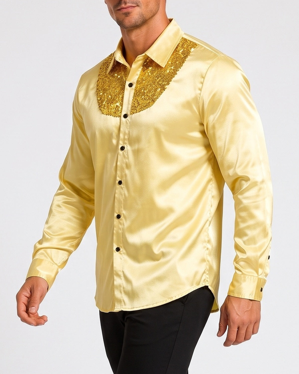 KZZ Men's shiny metallic sequin long-sleeved button shirt