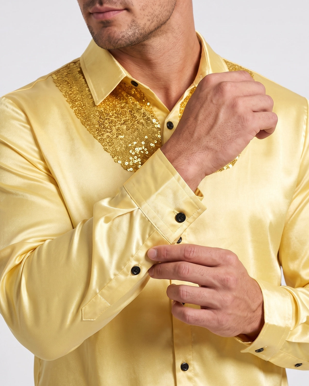 KZZ Men's shiny metallic sequin long-sleeved button shirt