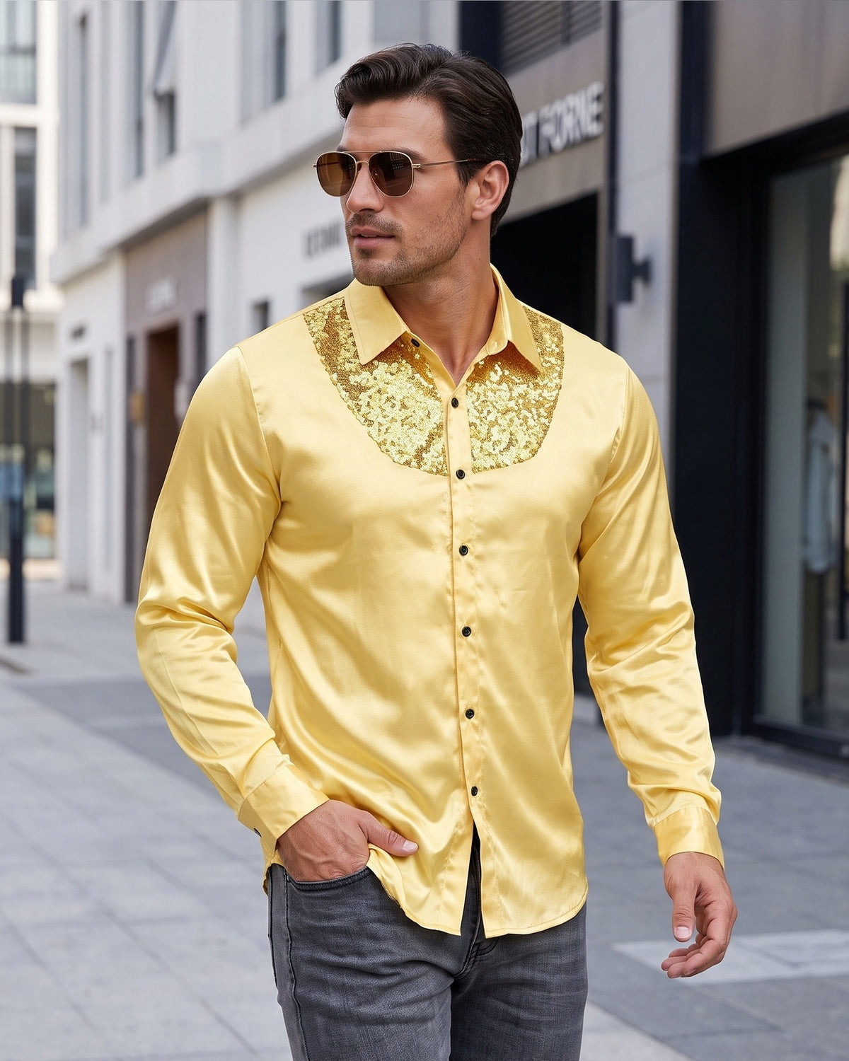 KZZ Men's shiny metallic sequin long-sleeved button shirt
