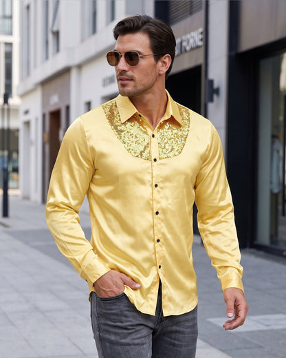 KZZ Men's shiny metallic sequin long-sleeved button shirt