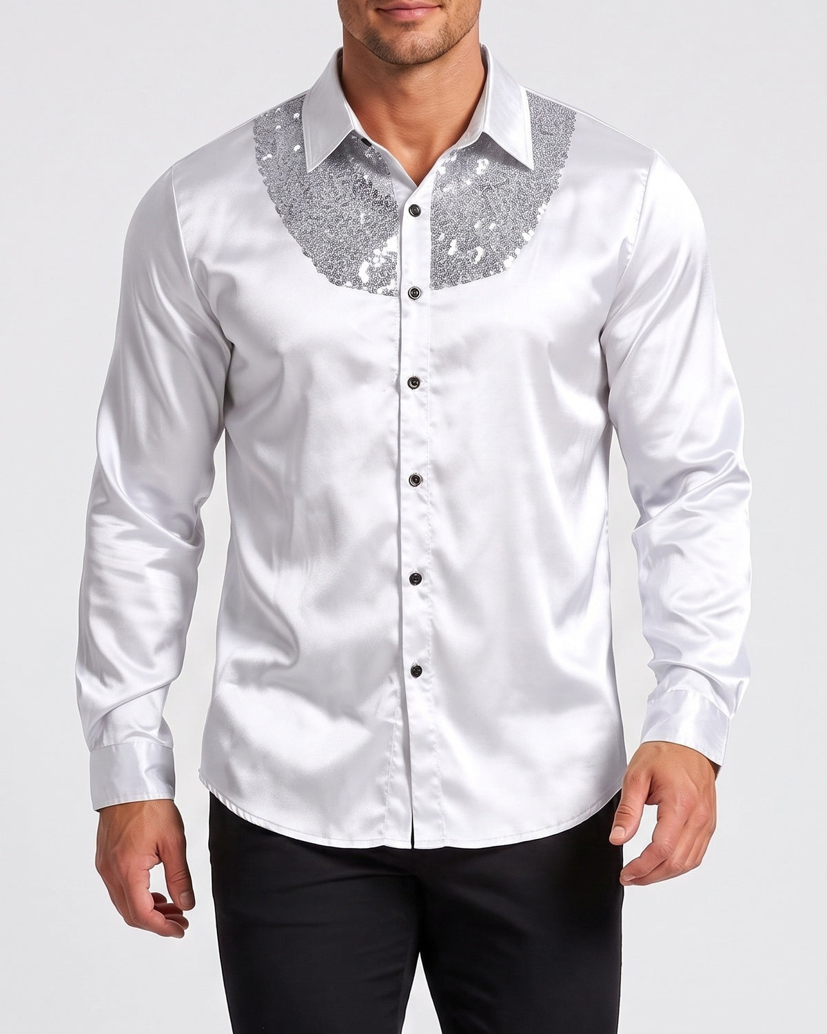 KZZ Men's shiny metallic sequin long-sleeved button shirt