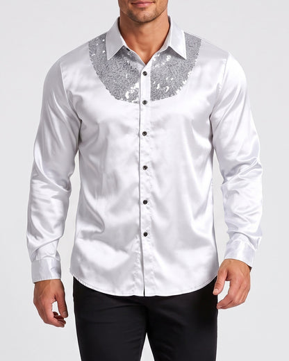 KZZ Men's shiny metallic sequin long-sleeved button shirt