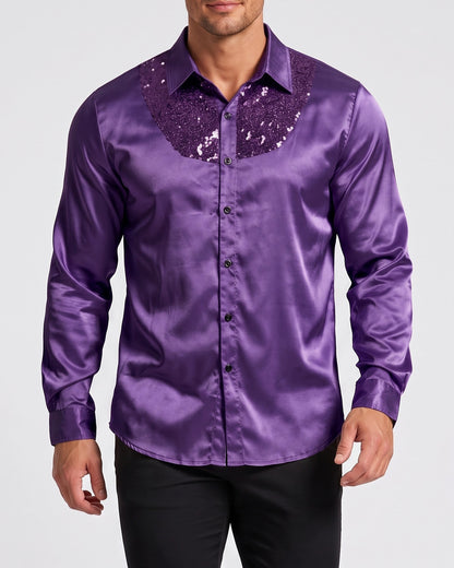 KZZ Men's shiny metallic sequin long-sleeved button shirt