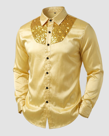KZZ Men's shiny metallic sequin long-sleeved button shirt