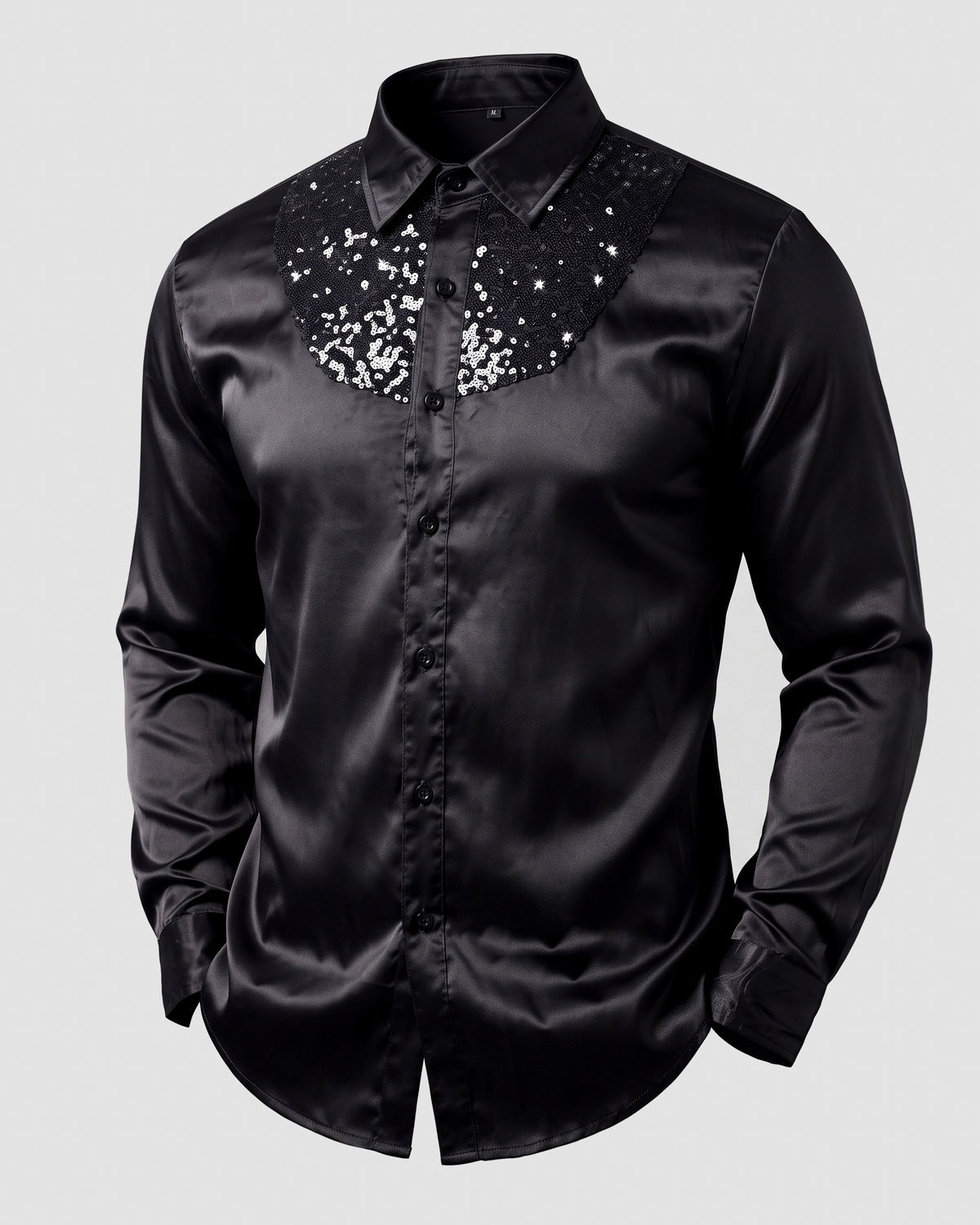 KZZ Men's shiny metallic sequin long-sleeved button shirt