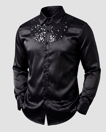 KZZ Men's shiny metallic sequin long-sleeved button shirt