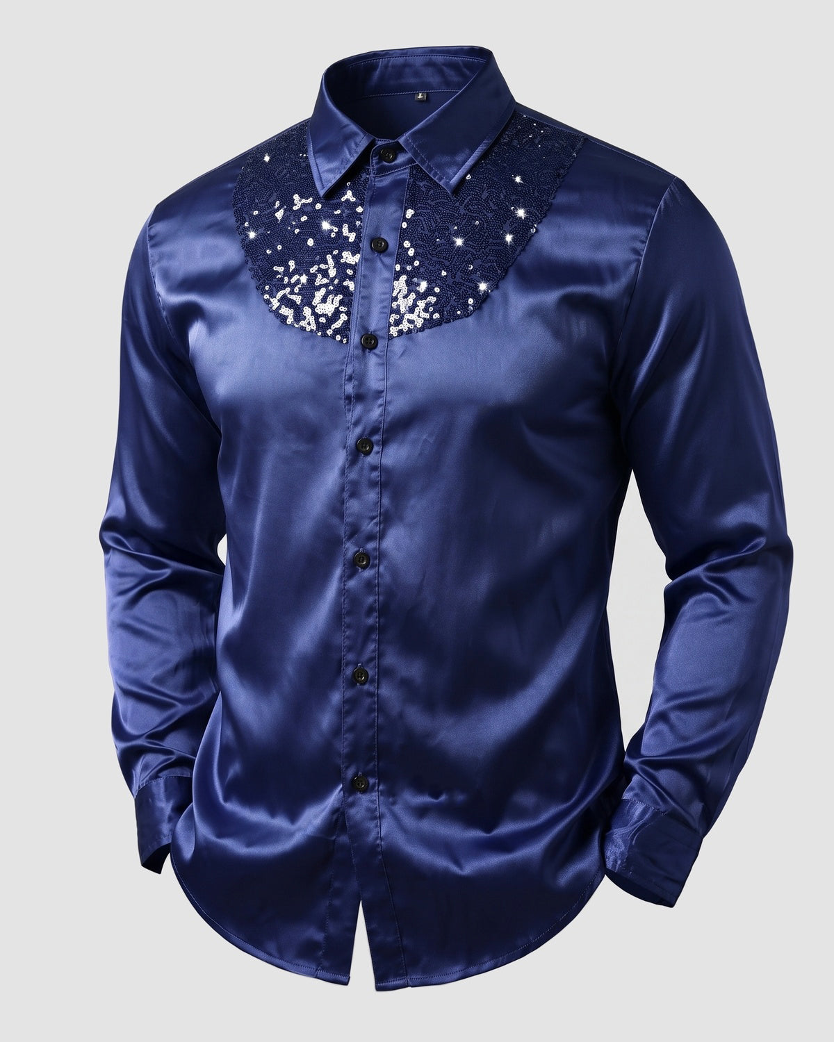 KZZ Men's shiny metallic sequin long-sleeved button shirt