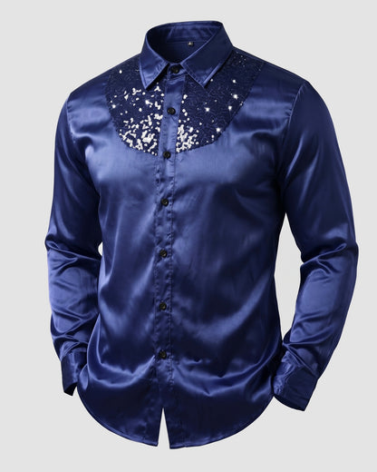 KZZ Men's shiny metallic sequin long-sleeved button shirt