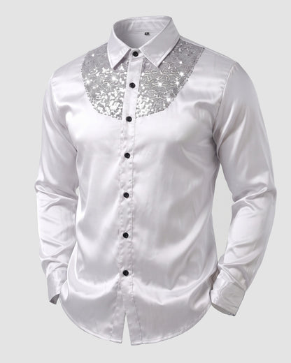 KZZ Men's shiny metallic sequin long-sleeved button shirt