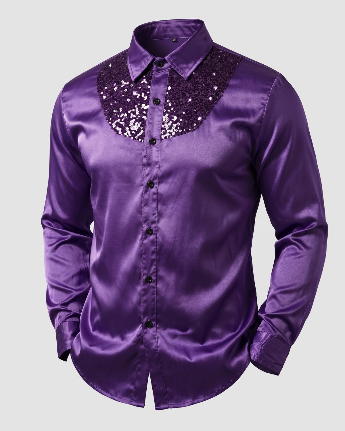 KZZ Men's shiny metallic sequin long-sleeved button shirt