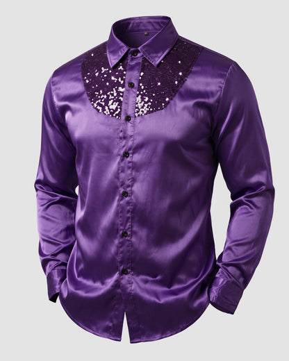KZZ Men's shiny metallic sequin long-sleeved button shirt
