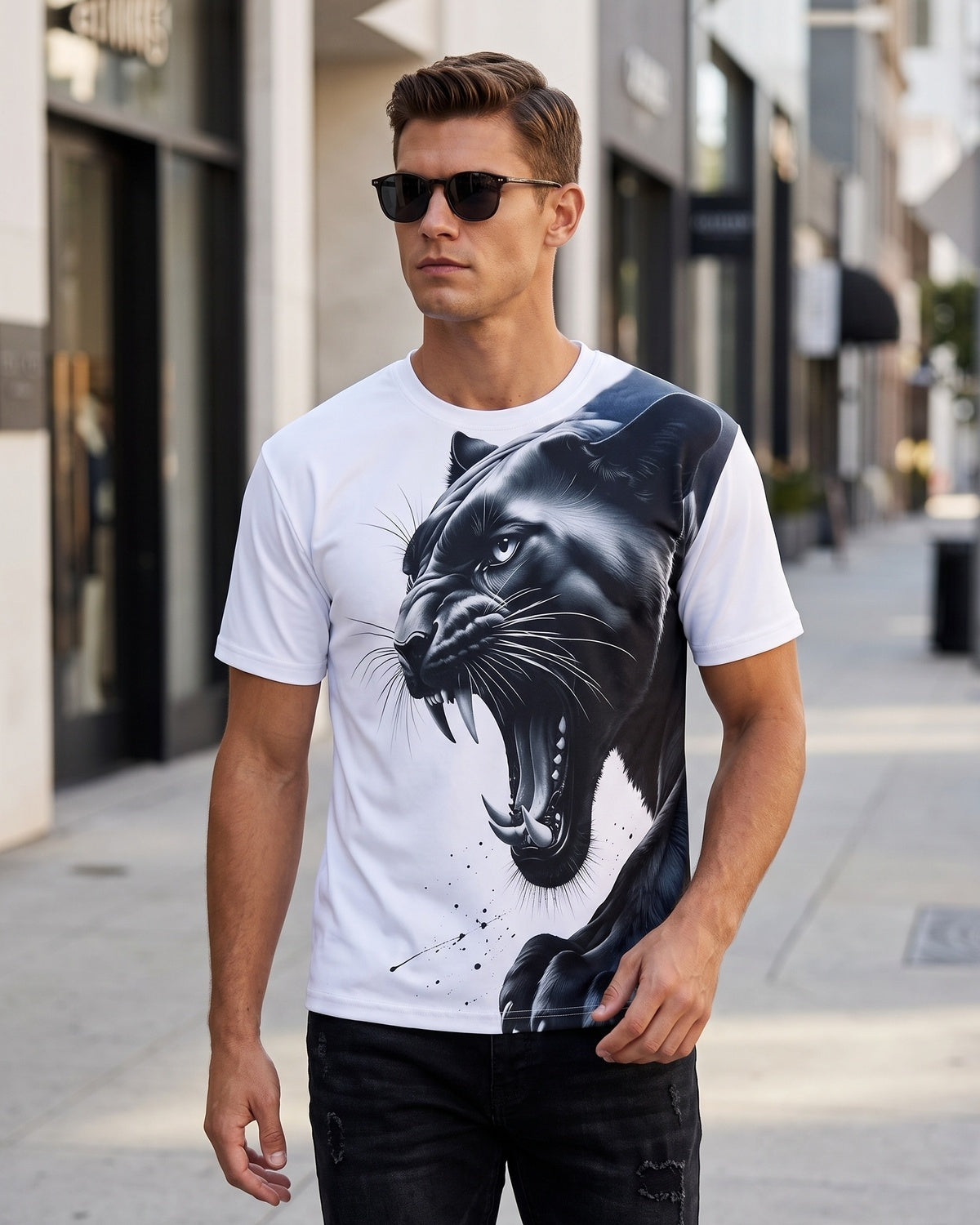KZZ Men's Slim-Fit Short-Sleeve T-Shirt with Leopard Print