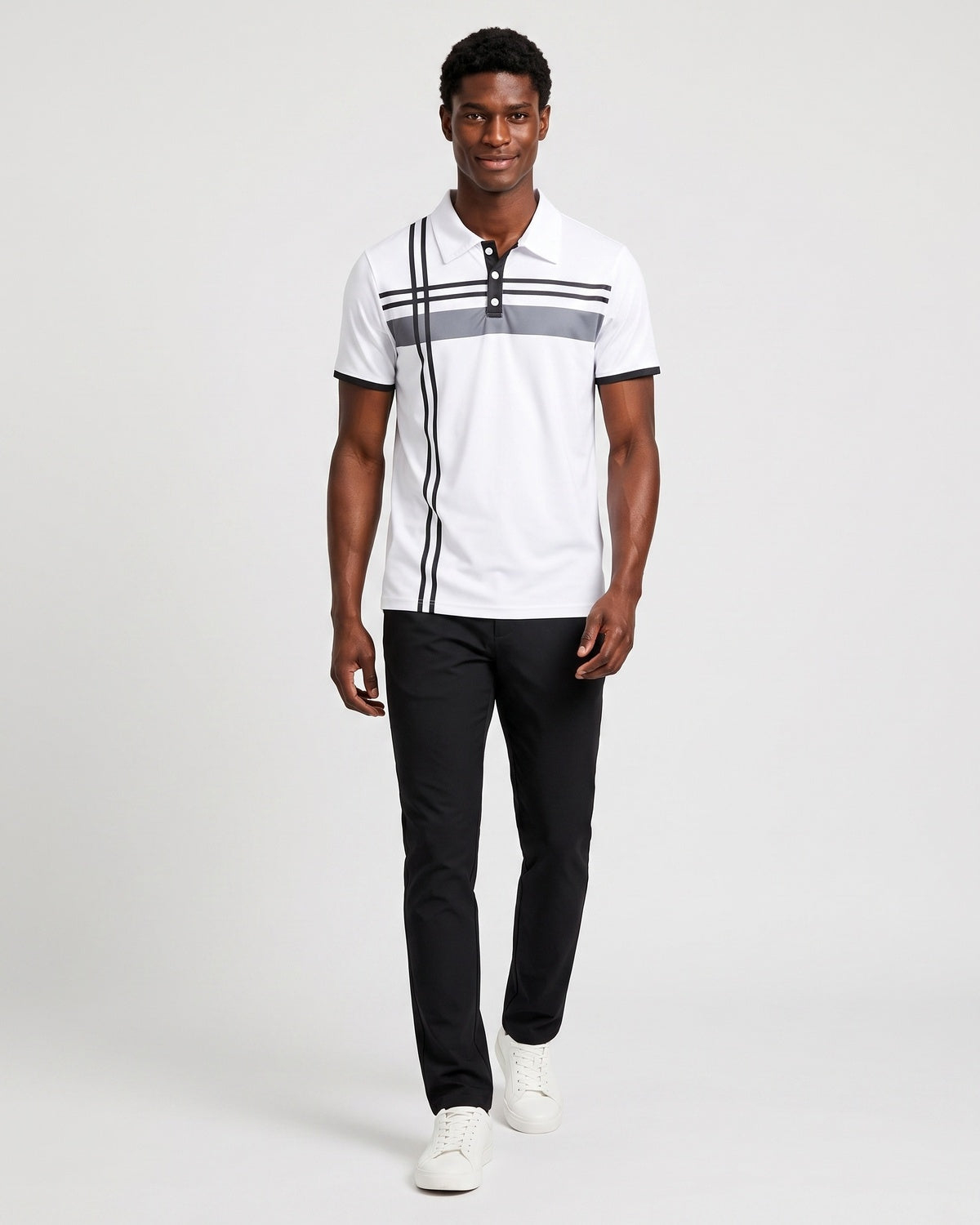 KZZ Men's Striped Print Color-Block Polo Shirt
