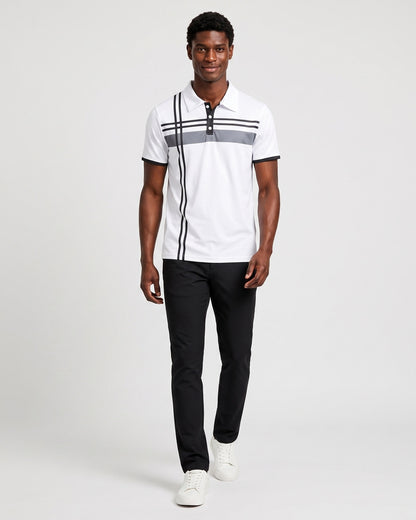 KZZ Men's Striped Print Color-Block Polo Shirt