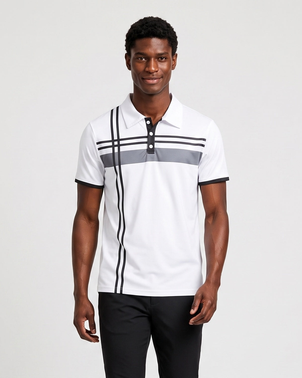 KZZ Men's Striped Print Color-Block Polo Shirt