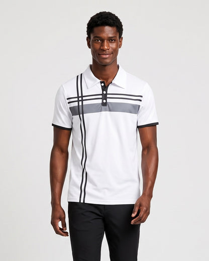 KZZ Men's Striped Print Color-Block Polo Shirt