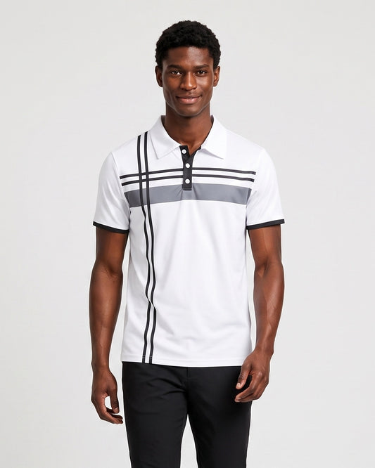 KZZ Men's Striped Print Color-Block Polo Shirt