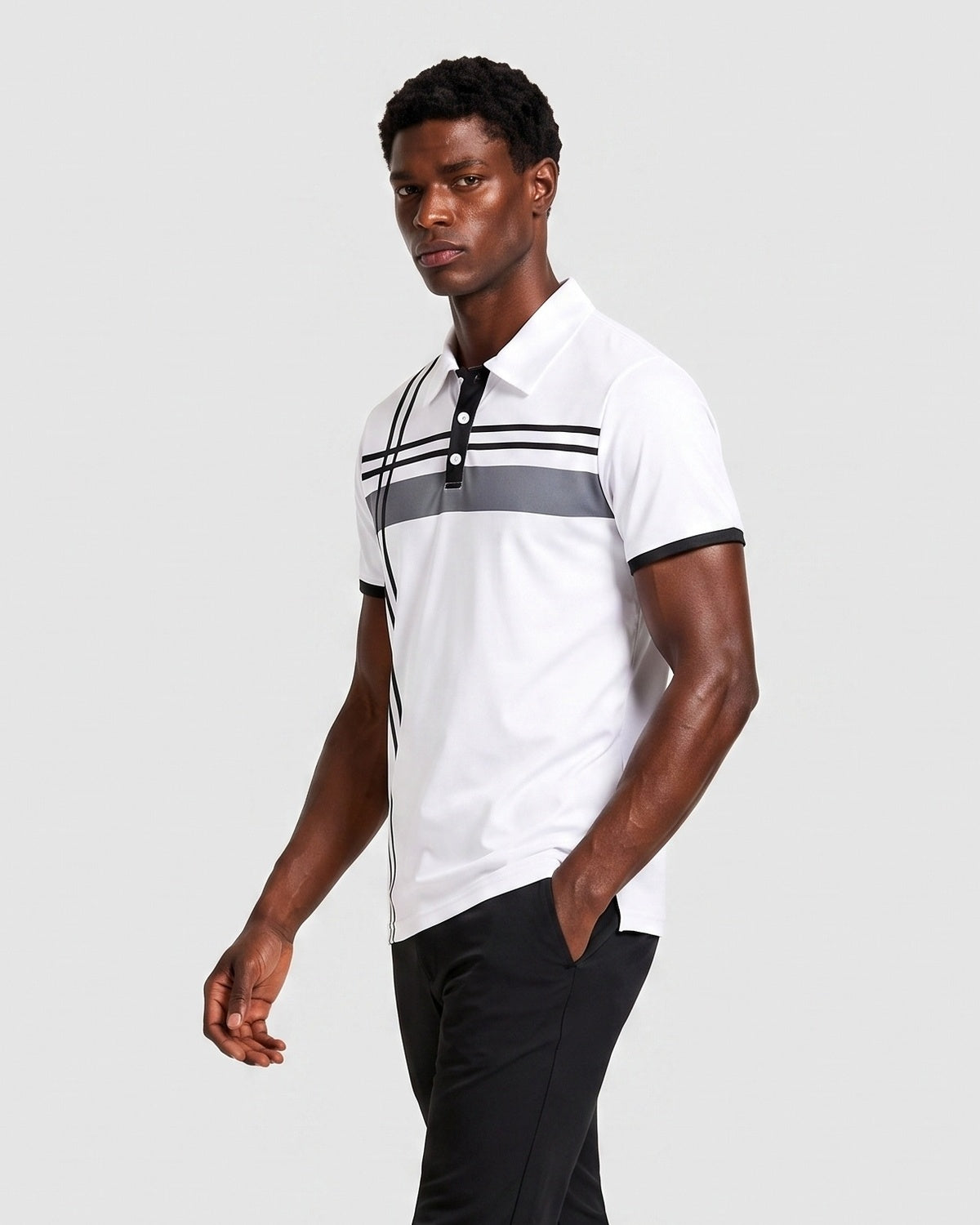 KZZ Men's Striped Print Color-Block Polo Shirt