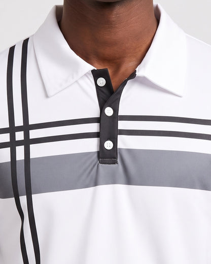 KZZ Men's Striped Print Color-Block Polo Shirt