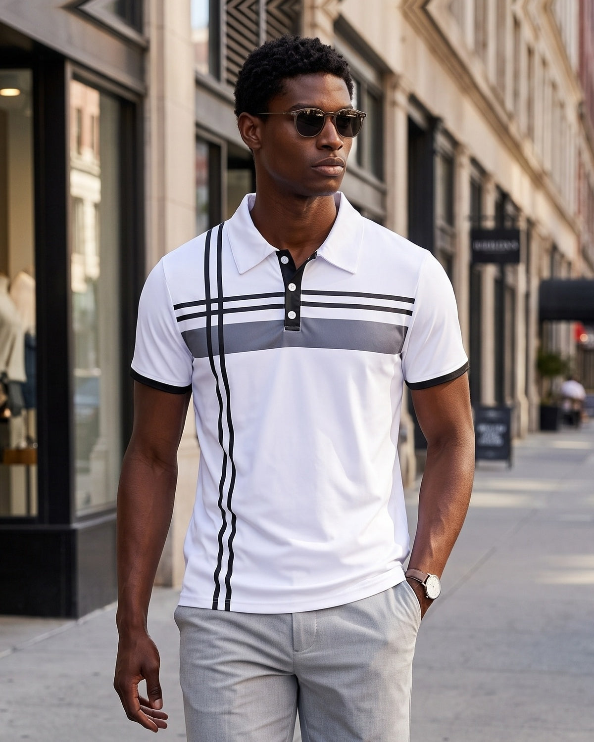 KZZ Men's Striped Print Color-Block Polo Shirt