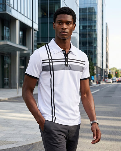 KZZ Men's Striped Print Color-Block Polo Shirt