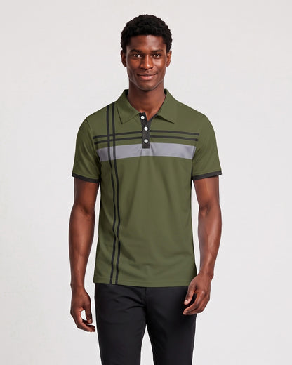 KZZ Men's Striped Print Color-Block Polo Shirt
