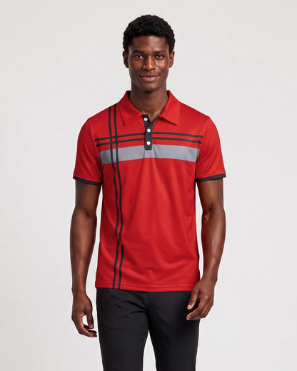 KZZ Men's Striped Print Color-Block Polo Shirt