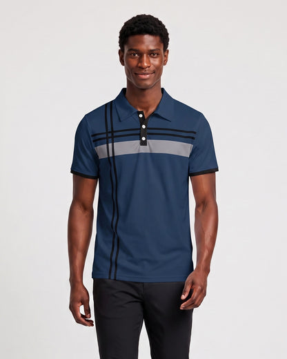 KZZ Men's Striped Print Color-Block Polo Shirt