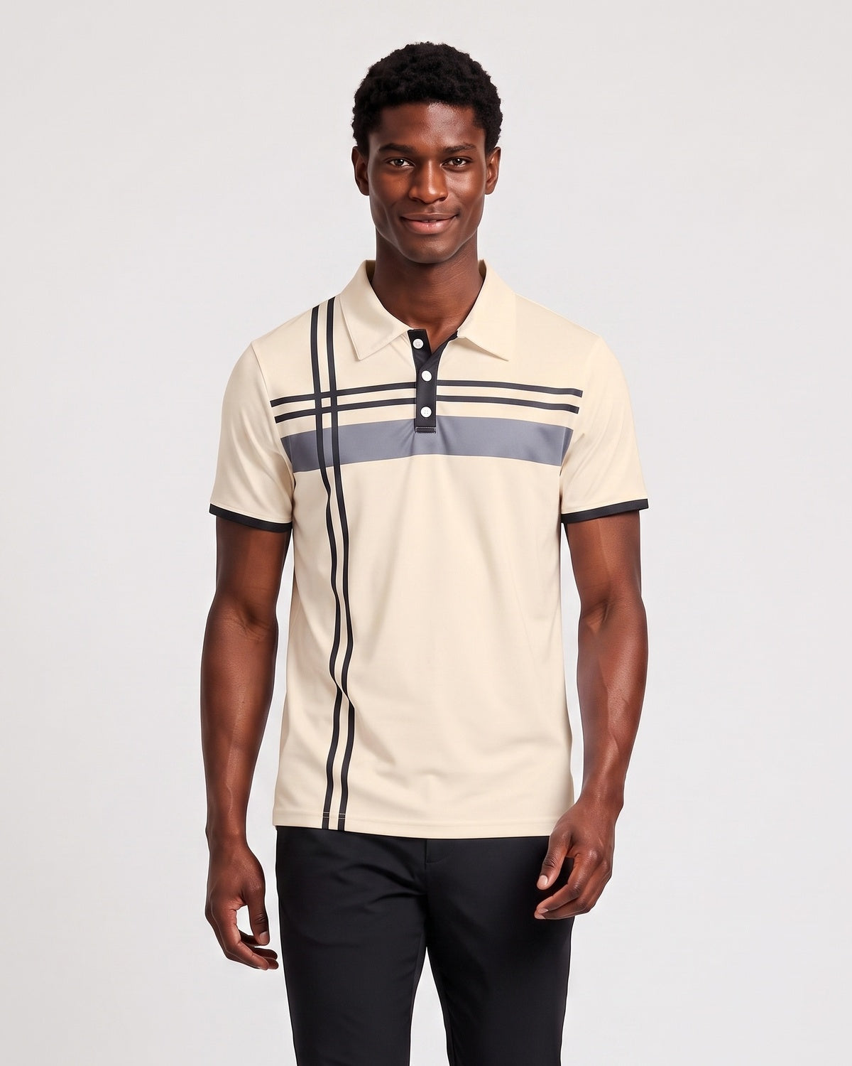 KZZ Men's Striped Print Color-Block Polo Shirt