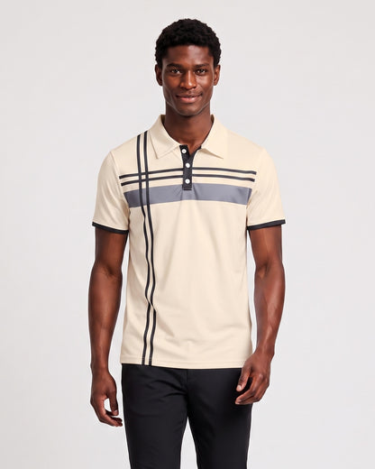 KZZ Men's Striped Print Color-Block Polo Shirt