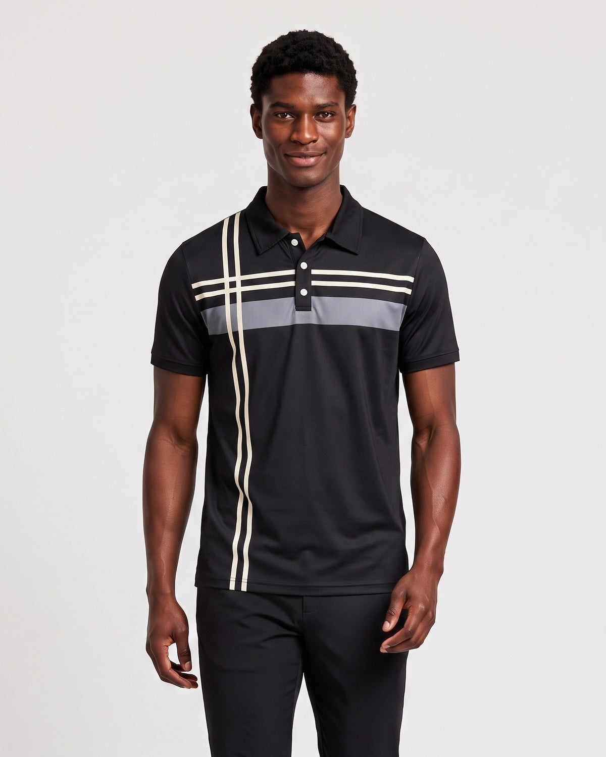 KZZ Men's Striped Print Color-Block Polo Shirt