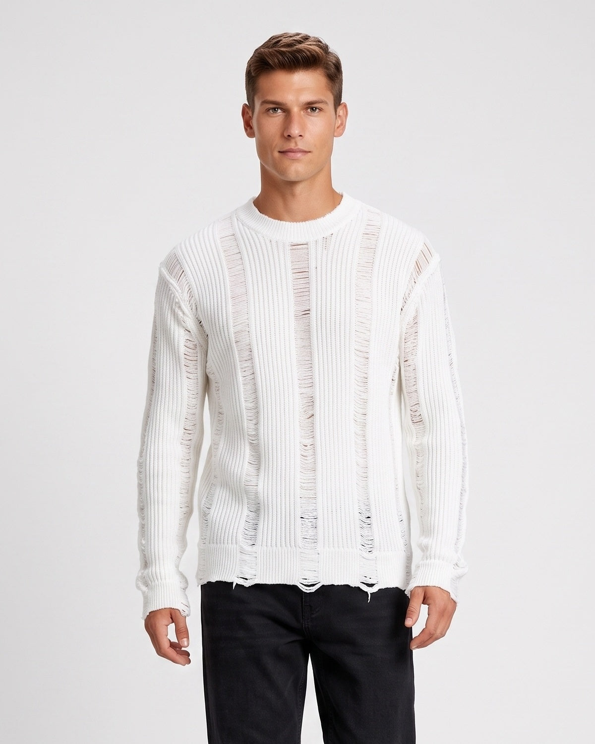 KZZ Men's Long-Sleeve Striped Cut-Out Knit Pullover