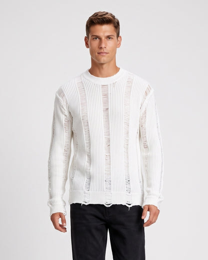 KZZ Men's Long-Sleeve Striped Cut-Out Knit Pullover