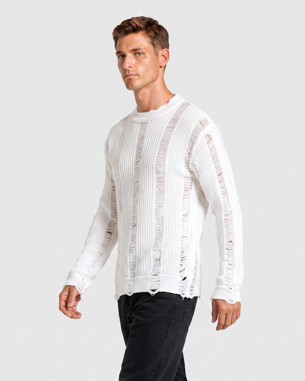 KZZ Men's Long-Sleeve Striped Cut-Out Knit Pullover