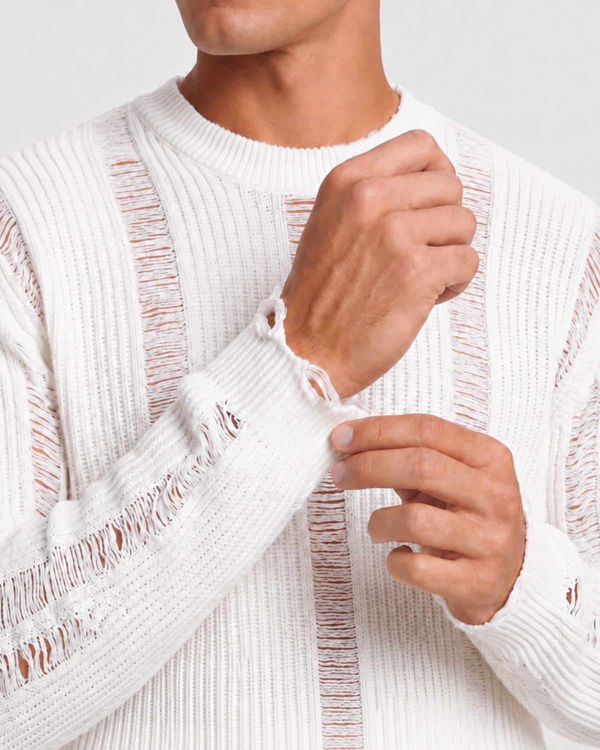 KZZ Men's Long-Sleeve Striped Cut-Out Knit Pullover