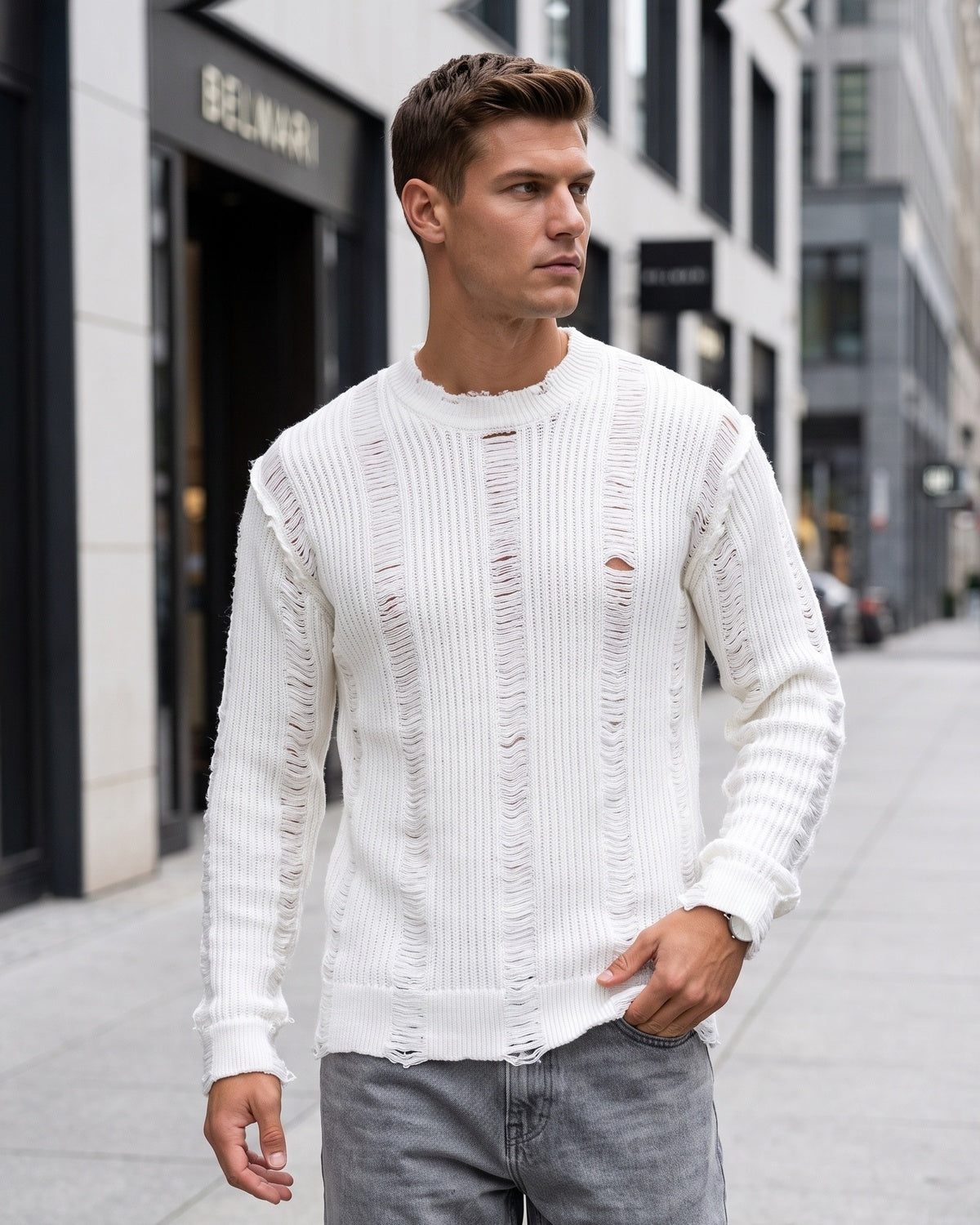 KZZ Men's Long-Sleeve Striped Cut-Out Knit Pullover