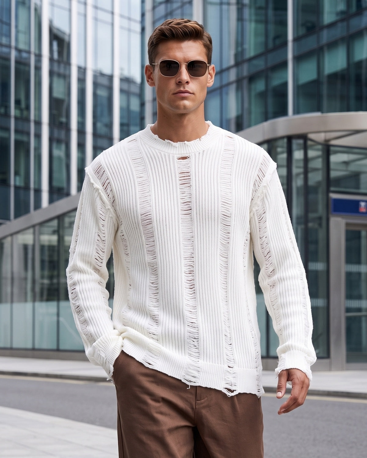 KZZ Men's Long-Sleeve Striped Cut-Out Knit Pullover