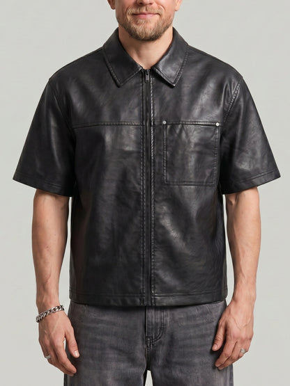 KZZ Men's loose-fit short-sleeve shirt with a front zip