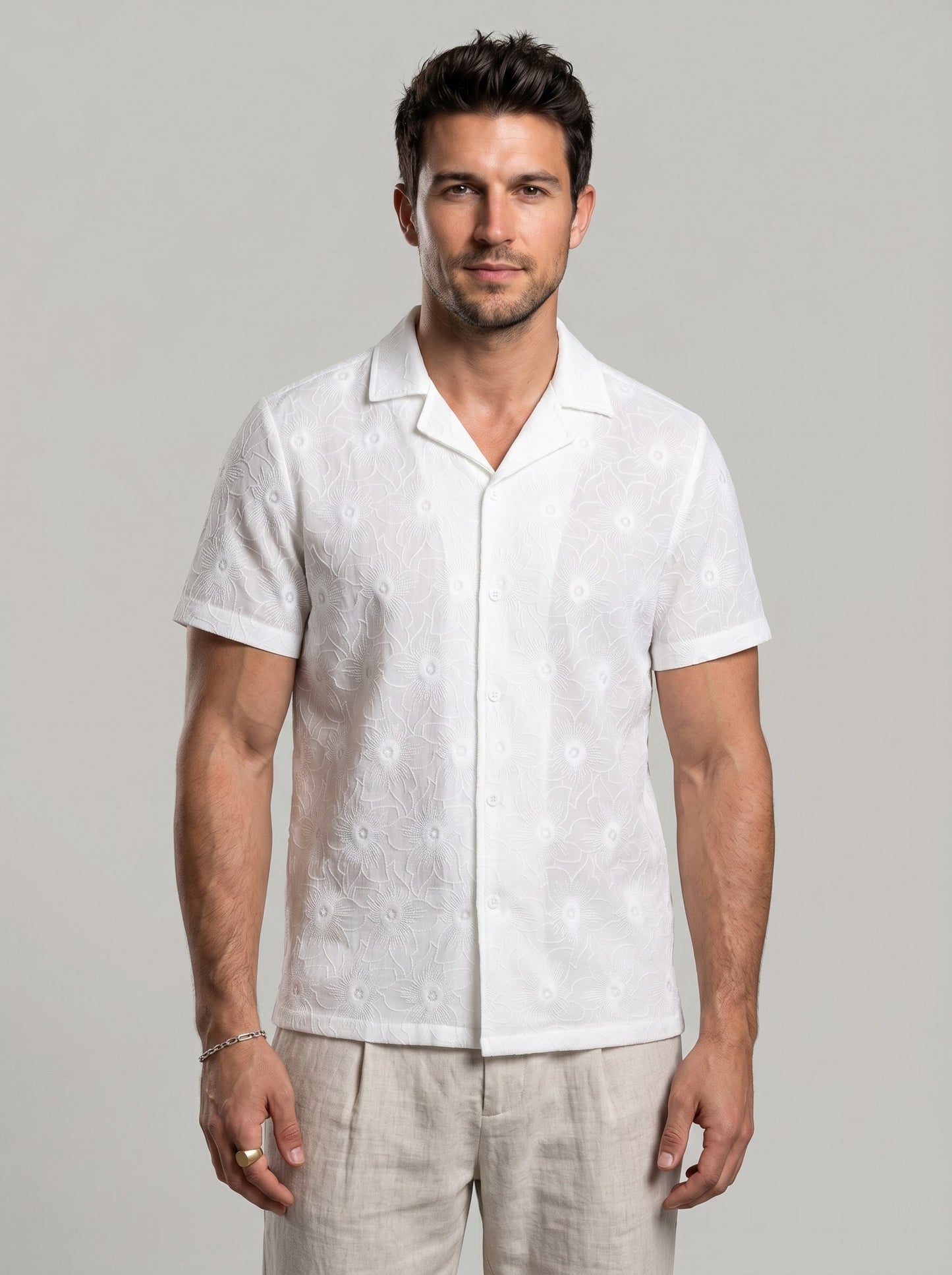 KZZ Men's White Short-Sleeve Shirt with Floral Texture