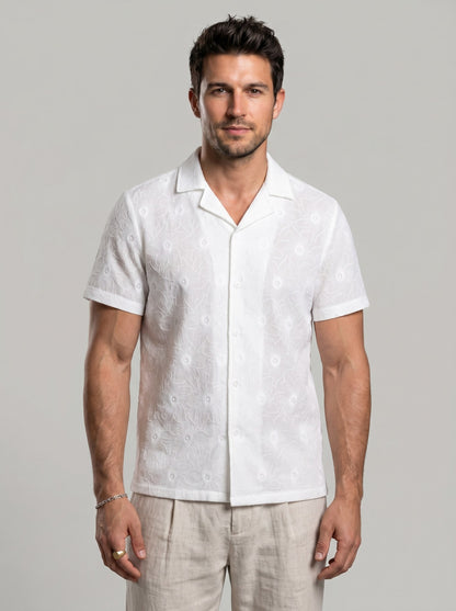 KZZ Men's White Short-Sleeve Shirt with Floral Texture