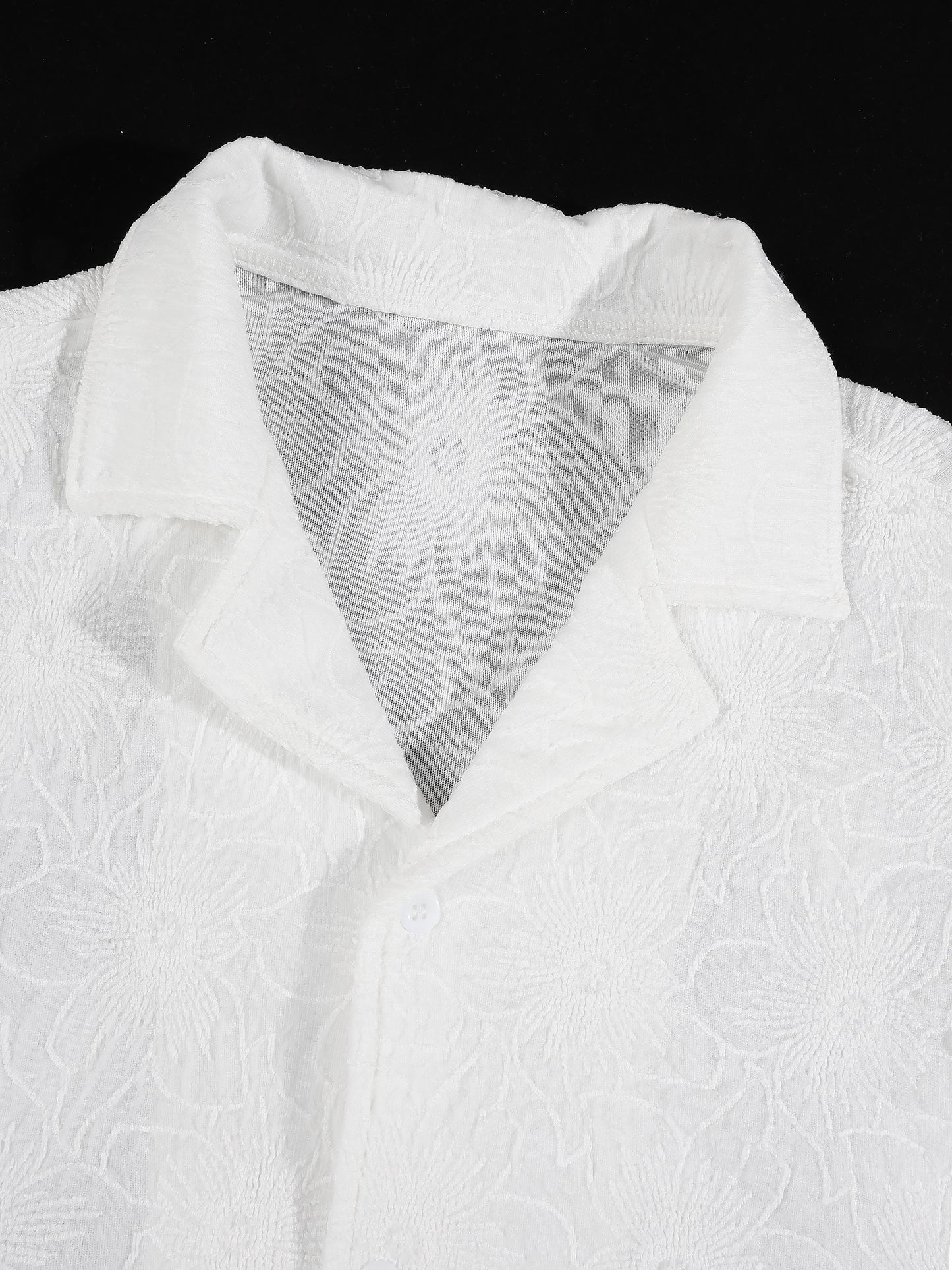 KZZ Men's White Short-Sleeve Shirt with Floral Texture