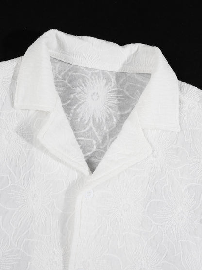 KZZ Men's White Short-Sleeve Shirt with Floral Texture