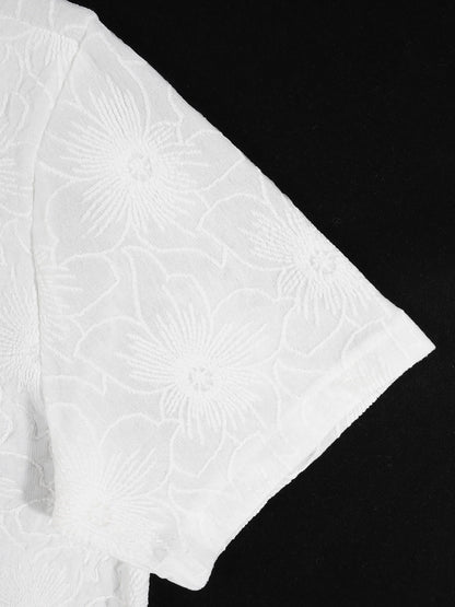 KZZ Men's White Short-Sleeve Shirt with Floral Texture