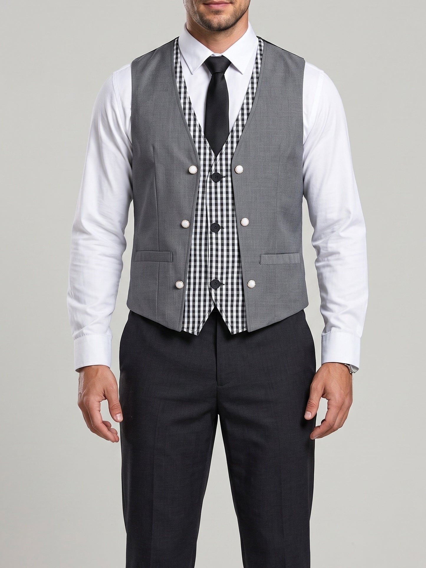 KZZ Men's V-neck double-breasted casual vest