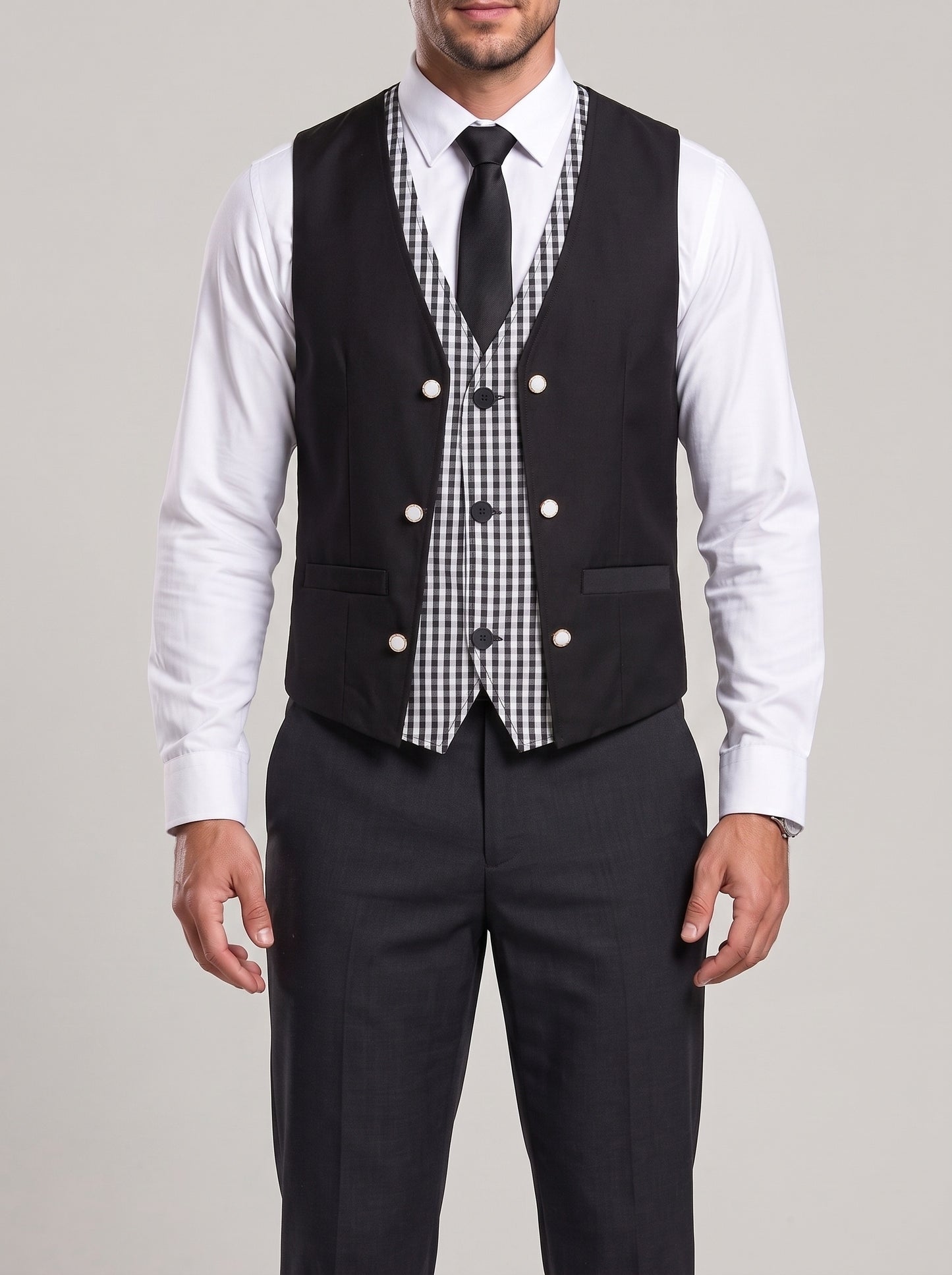 KZZ Men's V-neck double-breasted casual vest