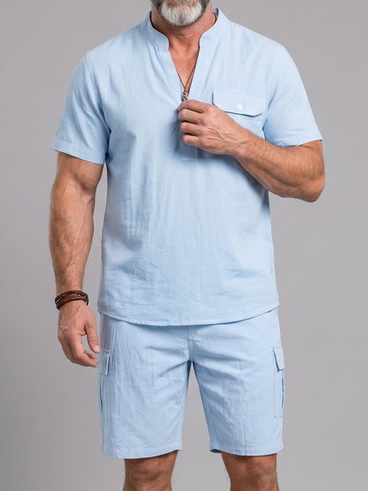 KZZ Men's Casual Short-Sleeve Stand-Collar Shirt and Shorts