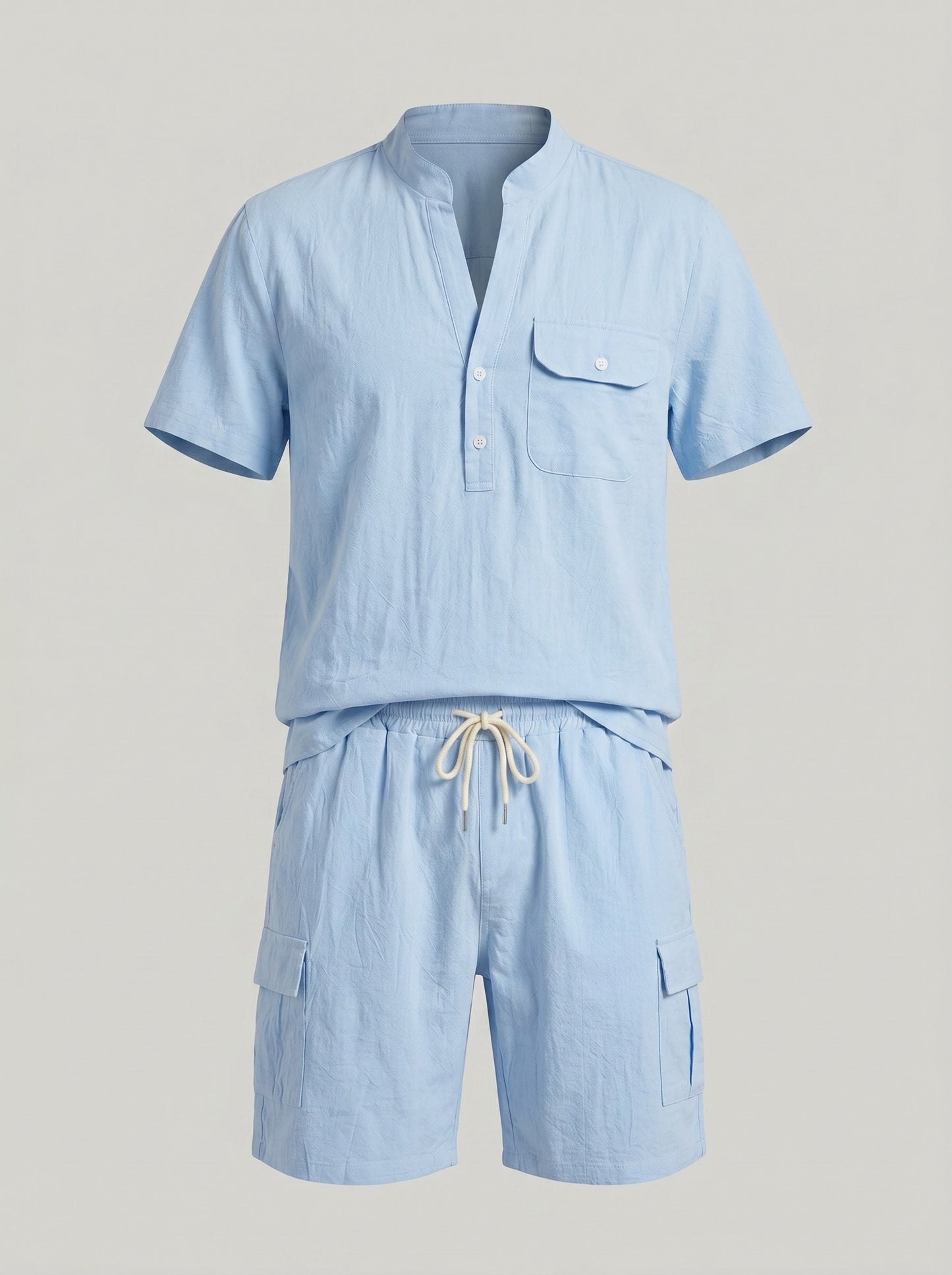 KZZ Men's Casual Short-Sleeve Stand-Collar Shirt and Shorts