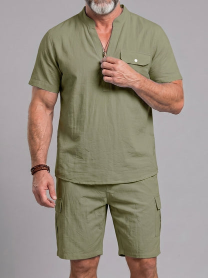 KZZ Men's Casual Short-Sleeve Stand-Collar Shirt and Shorts